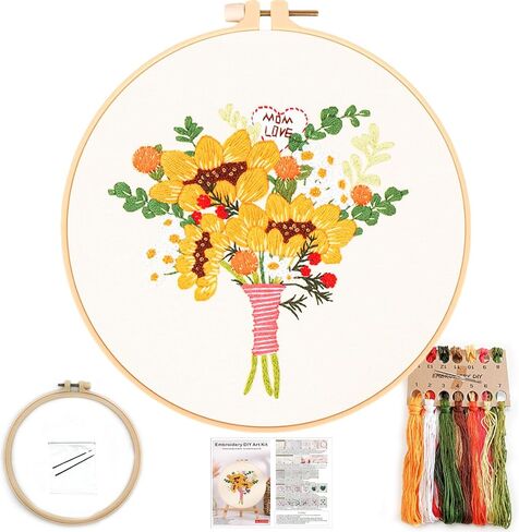 FONNUY Bouquet Flowers Embroidery Kit Love Mom for Beginners, Pre-Stamped Pattern Kits for Adults with Hoop, Easy to Follow Color Thread Needlework, 8'' Hoop (Wildflowers) in Kuwait