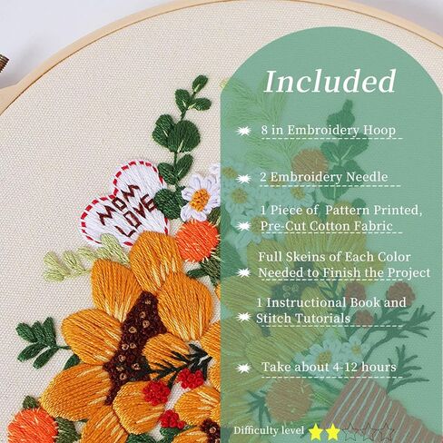 FONNUY Bouquet Flowers Embroidery Kit Love Mom for Beginners, Pre-Stamped Pattern Kits for Adults with Hoop, Easy to Follow Color Thread Needlework, 8'' Hoop (Wildflowers) in Kuwait
