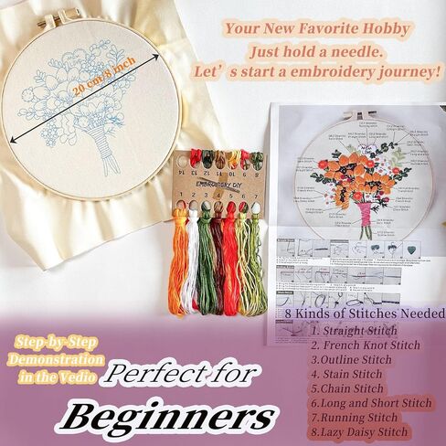 FONNUY Bouquet Flowers Embroidery Kit Love Mom for Beginners, Pre-Stamped Pattern Kits for Adults with Hoop, Easy to Follow Color Thread Needlework, 8'' Hoop (Wildflowers) in Kuwait