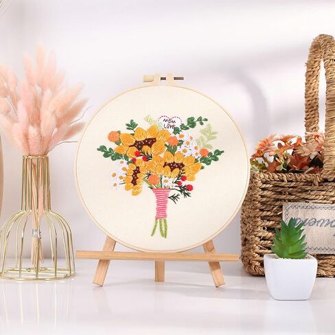FONNUY Bouquet Flowers Embroidery Kit Love Mom for Beginners, Pre-Stamped Pattern Kits for Adults with Hoop, Easy to Follow Color Thread Needlework, 8'' Hoop (Wildflowers) in Kuwait