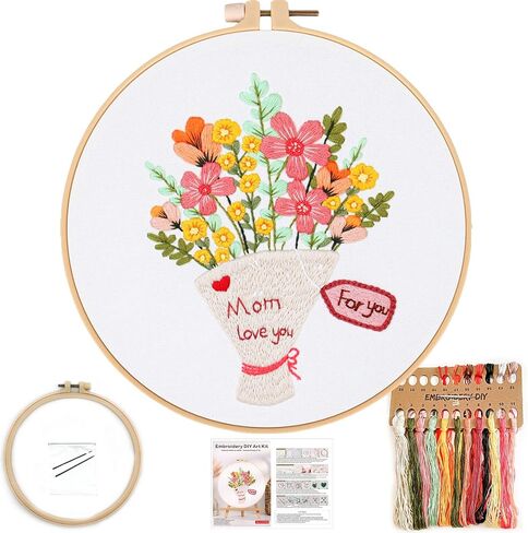 FONNUY Bouquet Flowers Embroidery Kit Love Mom for Beginners, Pre-Stamped Pattern Kits for Adults with Hoop, Easy to Follow Color Thread Needlework, 8'' Hoop (Wildflowers) in Saudi Arabia