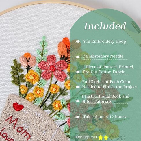 FONNUY Bouquet Flowers Embroidery Kit Love Mom for Beginners, Pre-Stamped Pattern Kits for Adults with Hoop, Easy to Follow Color Thread Needlework, 8'' Hoop (Wildflowers) in Saudi Arabia