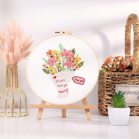 FONNUY Bouquet Flowers Embroidery Kit Love Mom for Beginners, Pre-Stamped Pattern Kits for Adults with Hoop, Easy to Follow Color Thread Needlework, 8'' Hoop (Wildflowers) in Saudi Arabia