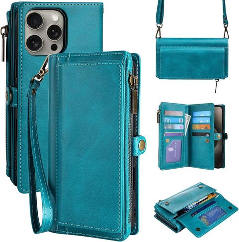 mincyb لـ iPhone 16 Plus Wallet Case مع Crossbody Strap & Magnetic PU PU RFID حامل بطاقة RFID للنساء للنساء ، 6.7 " - الأزرق in Kuwait