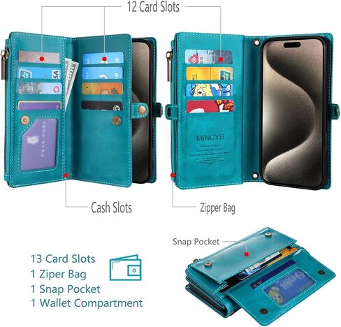 mincyb لـ iPhone 16 Plus Wallet Case مع Crossbody Strap & Magnetic PU PU RFID حامل بطاقة RFID للنساء للنساء ، 6.7 " - الأزرق in Kuwait