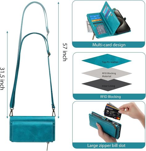 mincyb لـ iPhone 16 Plus Wallet Case مع Crossbody Strap & Magnetic PU PU RFID حامل بطاقة RFID للنساء للنساء ، 6.7 " - الأزرق in Kuwait