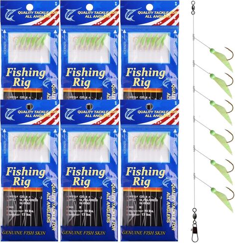 OROOTL Fishing Bait Rigs Saltwater, 6 Packs Surf Fishing Rigs with Sharp Hooks Fish Skin Feather Swivel Snap Glow Saltwater Lures Sea Bass Cod Herring Hook Rig Size 4 6 8 in Saudi Arabia
