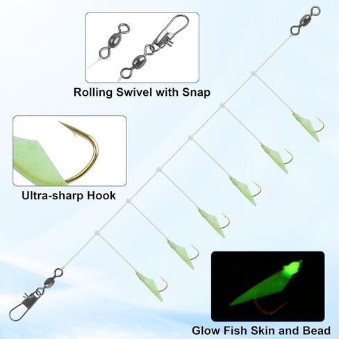 OROOTL Fishing Bait Rigs Saltwater, 6 Packs Surf Fishing Rigs with Sharp Hooks Fish Skin Feather Swivel Snap Glow Saltwater Lures Sea Bass Cod Herring Hook Rig Size 4 6 8 in Saudi Arabia