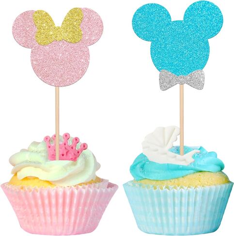 24 PCS Mouse Inspired Cupcake Toppers with Pink Bow Glitter Mini Cupcake Picks Baby Shower Wedding Kids Birthday Party Cake Decorations Supplies Pink in Saudi Arabia