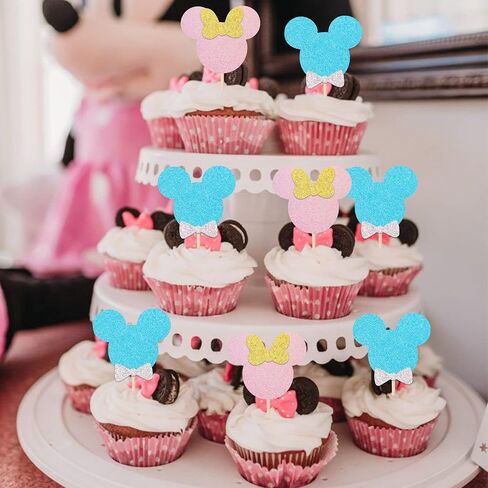 24 PCS Mouse Inspired Cupcake Toppers with Pink Bow Glitter Mini Cupcake Picks Baby Shower Wedding Kids Birthday Party Cake Decorations Supplies Pink in Saudi Arabia