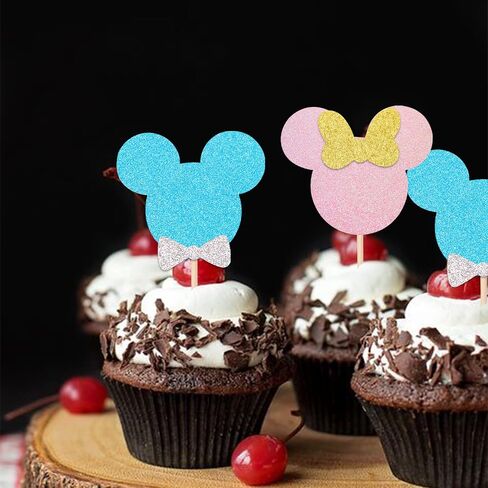 24 PCS Mouse Inspired Cupcake Toppers with Pink Bow Glitter Mini Cupcake Picks Baby Shower Wedding Kids Birthday Party Cake Decorations Supplies Pink in Saudi Arabia