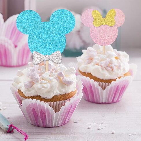 24 PCS Mouse Inspired Cupcake Toppers with Pink Bow Glitter Mini Cupcake Picks Baby Shower Wedding Kids Birthday Party Cake Decorations Supplies Pink in Saudi Arabia