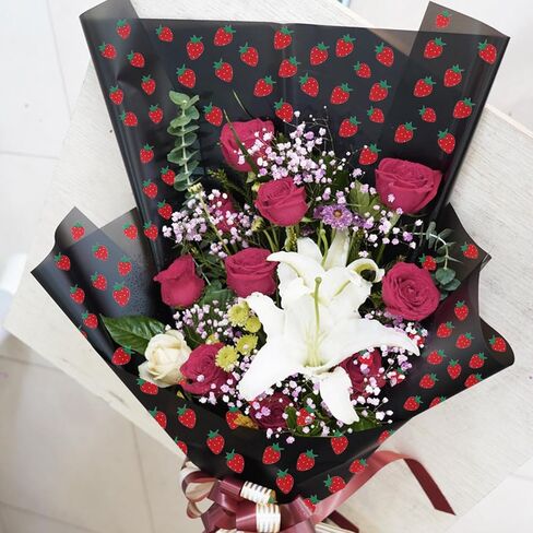 HLTOO 20 Sheets Flower Wrapping Paper, Bouquet Floral Packaging Paper with Strawberry Pattern, for Wedding, Party, Mother's Day, Birthday, and DIY Craft Florist Supplies, Pink, 57CM/22.4Inch in Kuwait