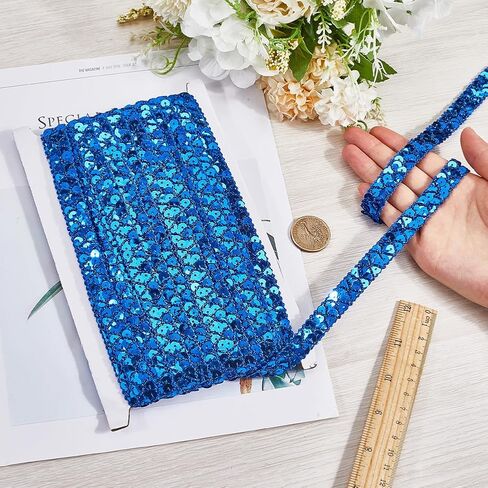 14.22 Yards Blue Elastic Sequin Ribbon Trim Flat Bling Metallic Paillette Trimming Glitter Stretch Sequins Beaded Strip Bulk for Sewing Making Craft Choker Gift Wrapping Clothes Decor Supply in Saudi Arabia