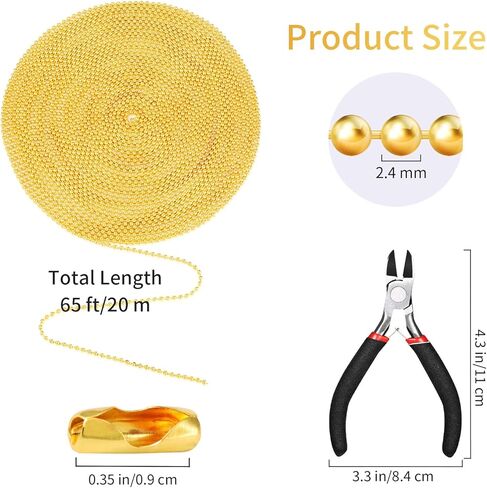 Mudder 65 Feet Stainless Steel Chains, 2.4mm Bead Link Chain with 40 Ball Connector Clasp and Plier for Necklace Hanging Ornament Key Chain Dog Pet Tags(Black) in Kuwait