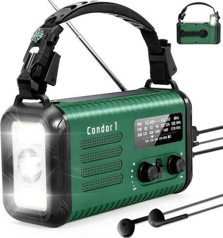 Emergency Weather Radio (Condor 1) NOAA/AM/FM with 74000mWh Portable Radio, USB-C/Solar/Hand Crank Charging, SOS Alarm, Flashlight, Reading Lamp & Survival Handle Kit for Indoor/Outdoor (Army Green) in Saudi Arabia