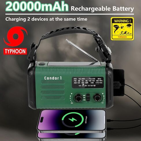 Emergency Weather Radio (Condor 1) NOAA/AM/FM with 74000mWh Portable Radio, USB-C/Solar/Hand Crank Charging, SOS Alarm, Flashlight, Reading Lamp & Survival Handle Kit for Indoor/Outdoor (Army Green) in Saudi Arabia