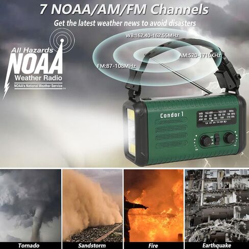 Emergency Weather Radio (Condor 1) NOAA/AM/FM with 74000mWh Portable Radio, USB-C/Solar/Hand Crank Charging, SOS Alarm, Flashlight, Reading Lamp & Survival Handle Kit for Indoor/Outdoor (Army Green) in Saudi Arabia