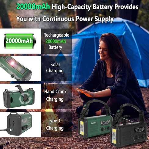 Emergency Weather Radio (Condor 1) NOAA/AM/FM with 74000mWh Portable Radio, USB-C/Solar/Hand Crank Charging, SOS Alarm, Flashlight, Reading Lamp & Survival Handle Kit for Indoor/Outdoor (Army Green) in Saudi Arabia