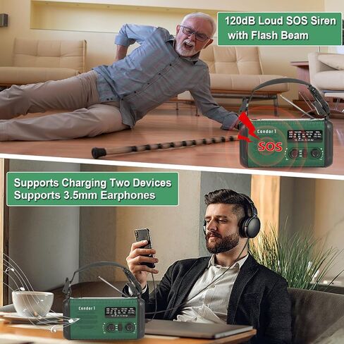Emergency Weather Radio (Condor 1) NOAA/AM/FM with 74000mWh Portable Radio, USB-C/Solar/Hand Crank Charging, SOS Alarm, Flashlight, Reading Lamp & Survival Handle Kit for Indoor/Outdoor (Army Green) in Saudi Arabia