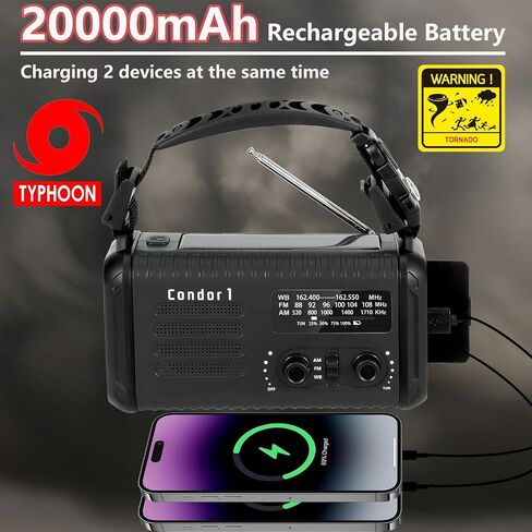 Emergency Weather Radio (Condor 1) NOAA/AM/FM with 74000mWh Portable Radio, USB-C/Solar/Hand Crank Charging, SOS Alarm, Flashlight, Reading Lamp & Survival Handle Kit for Indoor/Outdoor (Army Green) in Saudi Arabia