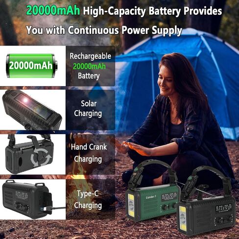 Emergency Weather Radio (Condor 1) NOAA/AM/FM with 74000mWh Portable Radio, USB-C/Solar/Hand Crank Charging, SOS Alarm, Flashlight, Reading Lamp & Survival Handle Kit for Indoor/Outdoor (Army Green) in Saudi Arabia