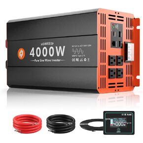 3000W Pure Sine Wave Power Inverter 12V DC to 110V AC Converter Peak Power 6000W for RV Truck Off-Grid Solar Car Inverter with 4 AC Outlets, 2 USB & 1 Type-C Ports, Cables Included, Remote Controller