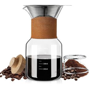 Pour Over Coffee Maker with Double-Layer Stainless Steel Filter, 20 oz Pour Over Coffee Dripper & 4 Cups Glass Carafe with Vintage Leather Collar and Cork Lid & Metal Stand