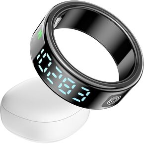 Smart Ring, Health Tracker, Sleep Tracking Wearable, Heart Rate, Fitness Tracker, Blood Oxygen Monitoring, Gesture Brush Video and Take Photos, with Screen+Touch+Charging Case, Black Size 8