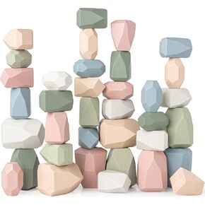 Comfy Cubs Stacking Rocks 36 Pieces, 36 Months+, Educational Toddler Stacking Blocks, Promotes Imagination, Balance & Fine Motor Skills - Wooden Rocks Sensory Toys Gift for Kid, Neutral Pack