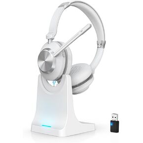 Wireless Headset with Mic for Work, Bluetooth Headset with Microphone (AI Noise Canceling & Mic Mute), Wireless Headset with USB Dongle & Charging Dock for Work/Home/Office/Call Center/PC/Laptop/Zoom