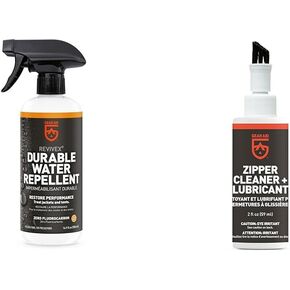 GEAR AID Revivex Durable Water Repellent (DWR) Spray for Waterproofing & Zipper Cleaner & Lubricant with Zipper Teeth Brush Gear Repair Kit, Clear, 2 oz, 29117