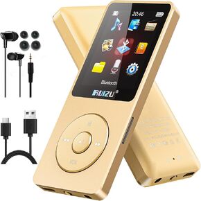 RUIZU 64GB MP3 Player with Bluetooth 5.3, Portable Music Player for Sports Running, FM Radio, Voice Recorder, Equalizer, Digital Audio Shuffle Resume Playback, Expanded 128GB Micro SD Card, Gold Tone