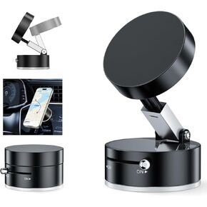 Vacuum Suction Magnetic Car Phone Holder Mount Fit All Phones,Adjustable Phone Holders for Your Car,Mechanical Lock No Need Charging,Metal Ring Stick Outside if Case Non-Magnetic (Black)