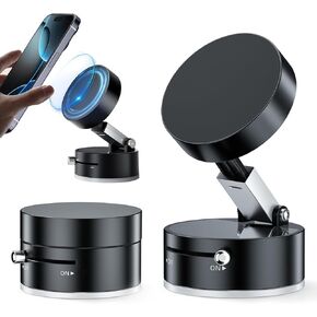 Vacuum Suction Magnetic Phone Holder, Upgrade Magnetic Suction Phone Mount Foldable & Retractable Vacuum Magnetic Phone Stand Double-Sided Magnetic Car Phone Holder for All Phones Car/Mirror/Gym-Black