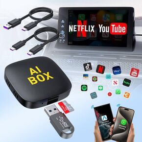 4-in-1 Wireless CarPlay Adapter Support Netflix/YouTube/TF Card, Android Auto & Carplay Adapter with USB-A and USB-C Cables,Convert Wired to Wireless Apple Dongle, Video Box Car Play for iOS 10+