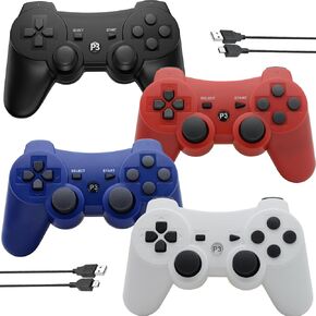 Eagolloar Wireless Controller 4 Pack for PS3, Dual Analog Bluetooth Rechargeable Game Controller for PS3 with Charging Cable,Dual Vibration (Black Blue Red White)