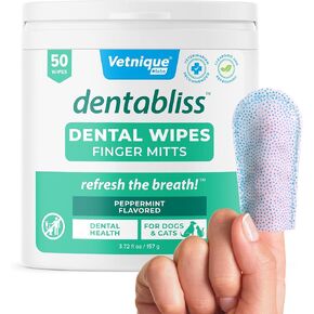 Vetnique Dentabliss - مناديل لتنظيف أسنان الكلاب بأصابع ميت - منع البلاك والجير مع خرز تنظيف الأسنان - مناديل مريحة لأسنان الكلاب بالنعناع ومعطر أنفاس الكلاب