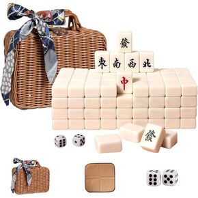VPH Travel Chinese Mahjong Set Ivory 144 Sheets with Rattan Box and Tablecloth (Pink)