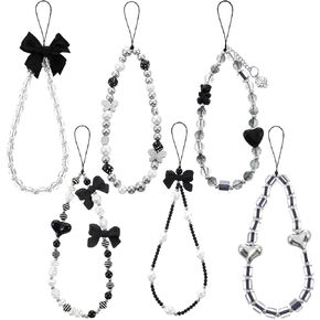 6Pcs Phone Charm Wrist Strap Beaded Camera Wrist Strap Cute Acrylic Balck Heart Bow Aesthetic Cell Phone Keychain Bracelet Strap For Camera Key Purse Phone Case Wallet Water Bottle For Women