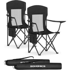 SONGMICS Breathable Camping Chairs, Foldable Outdoor Chairs Set of 2, High Back, Adjustable Armrests, Drink Holder, Weight Capacity 330 lb, for Sports Garden Backyard, Ink Black UGCB028B02