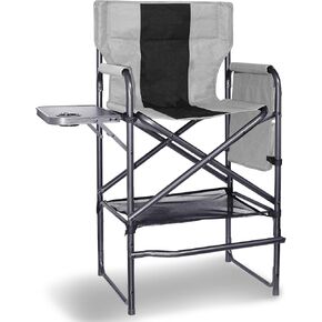 30" Tall Directors Chair with Side Table, 400LBS Bar Height Folding Camping Chair for Makeup Artists, Outdoor Events, Portable Foldable Chair with Cup Holder & footrest - Gray/Black