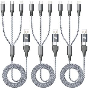 كابل شحن متعدد الشحن ، 3pack 4ft كابل شاحن متعدد ، كابل شحن نايلون سلك USB 6 في 1 سلك شاحن متعدد الهاتف مع Type C Micro Lightning USB لـ Apple iPhone Android هاتف