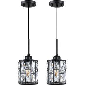 3 Pack 1 Light Crystal Modern Concise Pendant Ceiling Light Fixture,5.3" Crystal Plate Metal Shade Black Finish for Bar,Dining Room,Corridor,Living Room