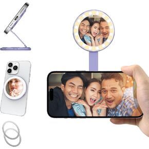 3-in-1 Magnetic Stand Selfie Mirror with LED Light for iPhone, Android Phone and Laptop, Pink, 3 Brightness, 3 Light Modes, with 2 Metal Rings, Stand with Magsafe Gift for Girl Selfies, Vlogging