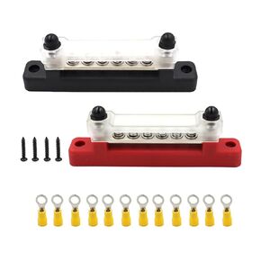 6 Terminal Ground Bus Bar 12V，Marine Gound BusBar Power Distribution Block with Cover for Car Boat Caravan RV-Red & Black 2Pcs
