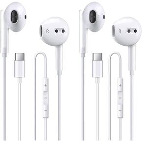 2 Pack of USB C Headphones for iPhone 16/16 Pro/16 Plus/16 Pro Max/15/15 Plus/15 Pro/15 Pro Max,USB Type C Earphones HiFi Stere, White Wired Earbuds with Microphone & Volume Control