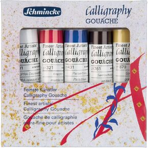 Schmincke - Calligraphy Gouache, 12 x 0,68 fl oz / 20 ml tubes, 72 028 097, 12 finest calligraphy colors in wooden box, brilliant, including gold pearl and silver, calligraphy techniques