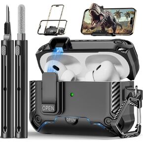 Compatible with AirPods Pro 2nd/1st Generation Case with Phone Stand,Full Drop Protection Automatic Snap Switch Design with Cleaner Kit for iPod Pro Charging (USB-C/Lightning Cable)
