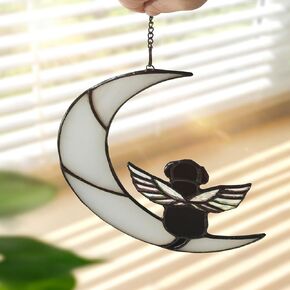 Stained Glass Rainbow Wing Dog with Moon Dog Memorial Gifts for Loss of Dog,Rainbow Moon Dog Suncatcher,Rainbow Bridge Loss of Dog Sympathy Gift (Orange)